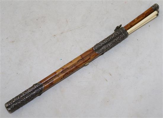 A South East Asian silver mounted bamboo knife and ivory chopstick set, 19th century, 30.5cm